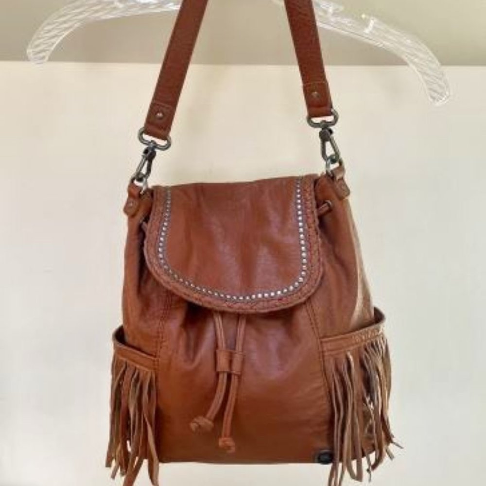 the sak Avalon brown leather fringed backpack purse